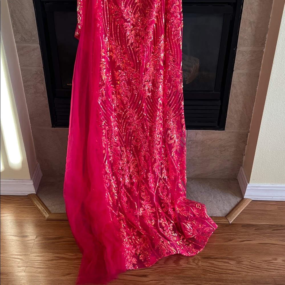 Fuchsia Sequin One Shoulder Gown 39384 - Picture 10 of 11